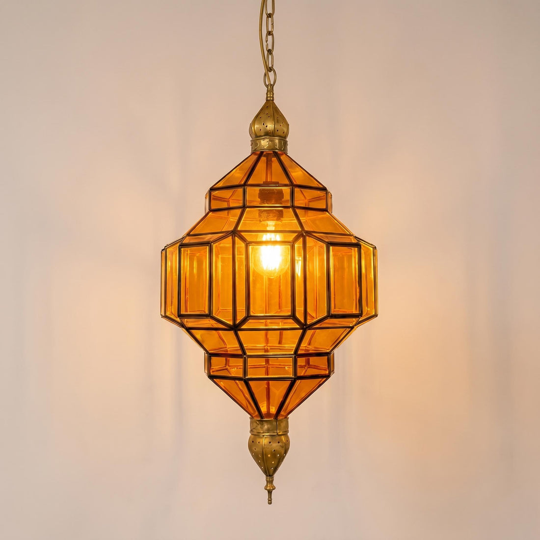 Moroccan Pendant Light Amber Glass Geometric Hanging Lantern Metal Frame