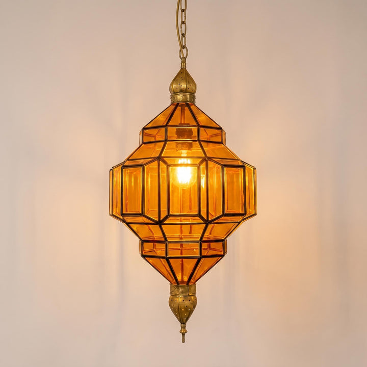 Moroccan Pendant Light Amber Glass Geometric Hanging Lantern Metal Frame
