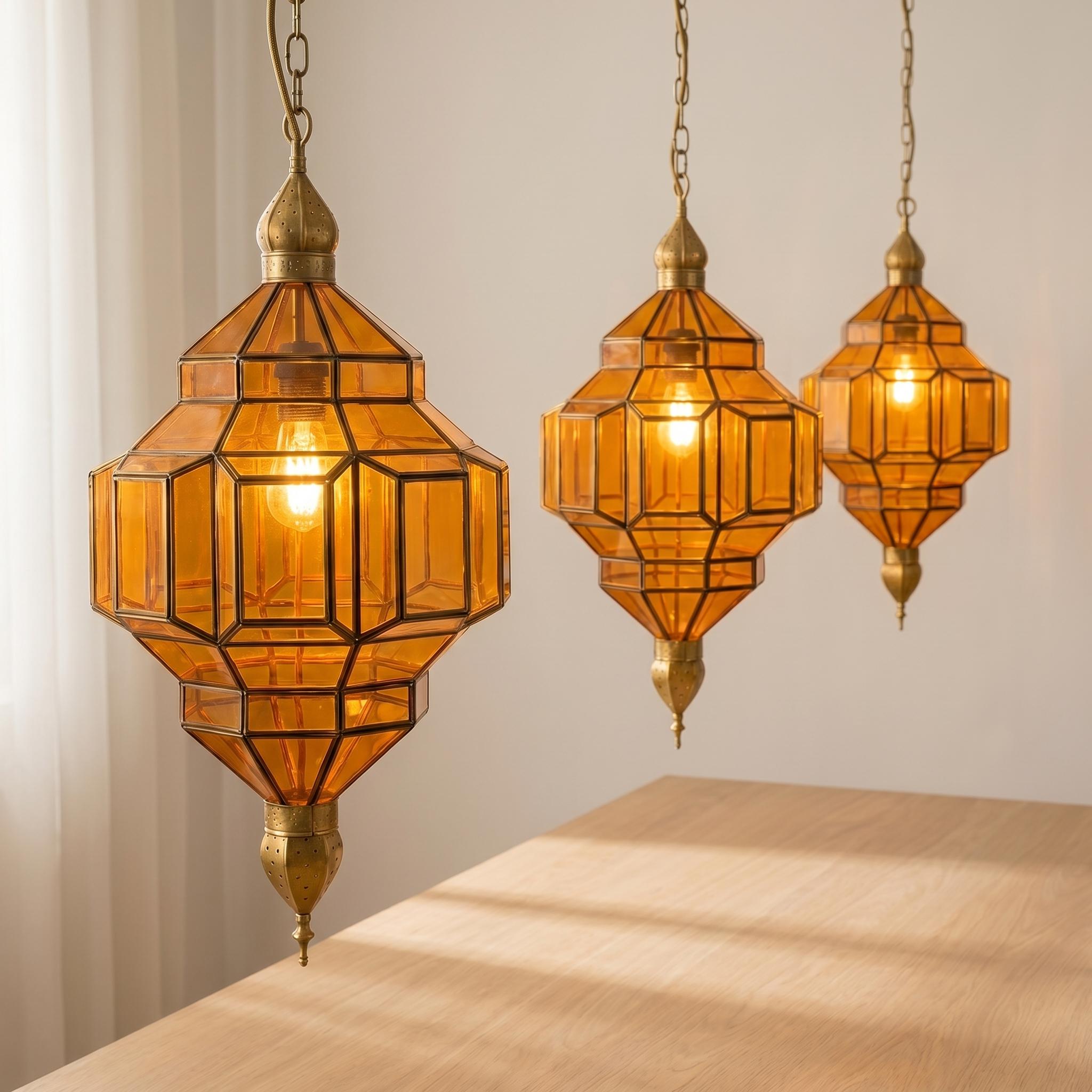 Moroccan Pendant Light Amber Glass Geometric Hanging Lantern Metal Frame