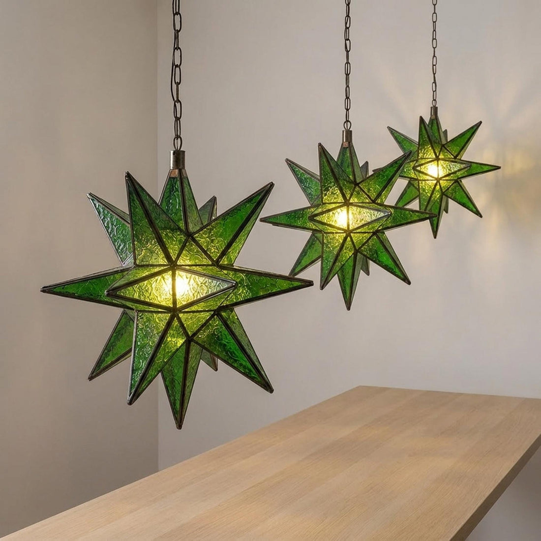 Green Star Pendant Light Geometric Glass Hanging Lantern Metal Frame