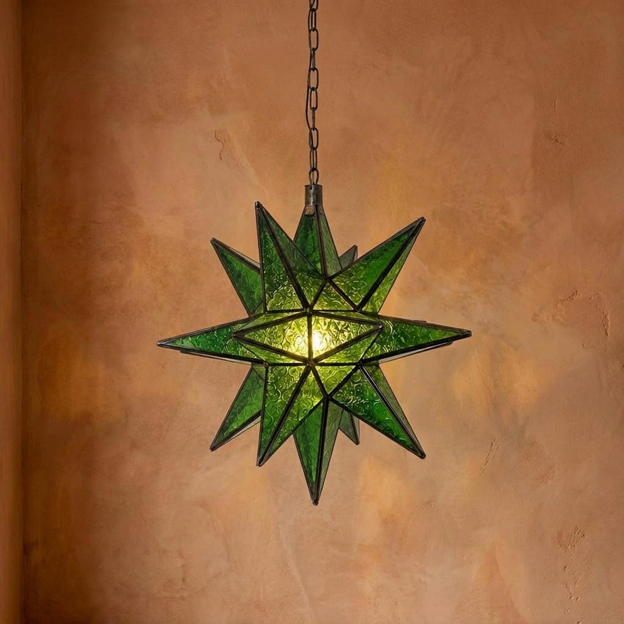 Green Star Pendant Light Geometric Glass Hanging Lantern Metal Frame