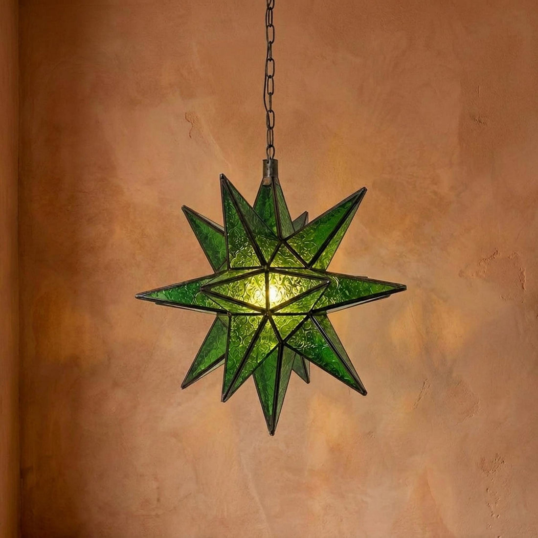 Green Star Pendant Light Geometric Glass Hanging Lantern Metal Frame