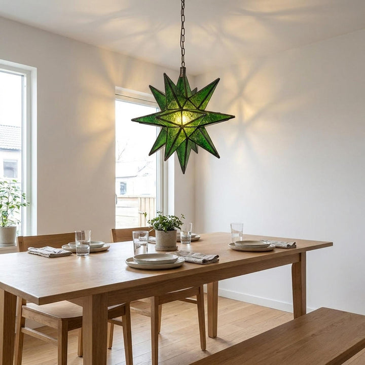 Green Star Pendant Light Geometric Glass Hanging Lantern Metal Frame