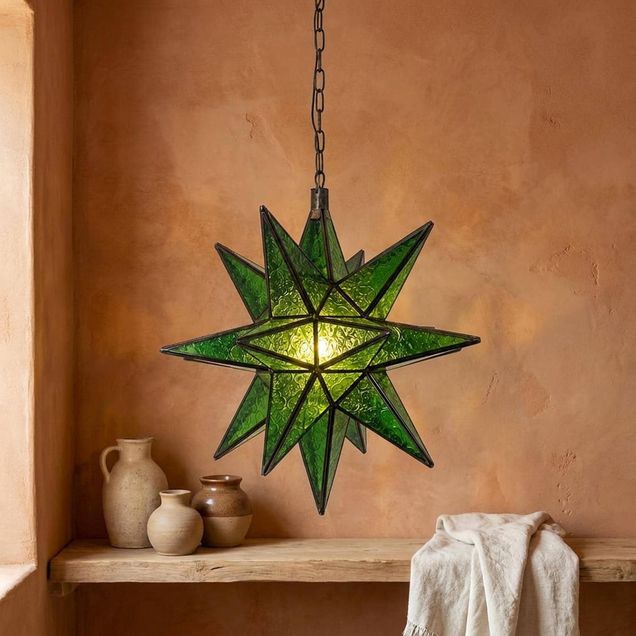 Green Star Pendant Light Geometric Glass Hanging Lantern Metal Frame