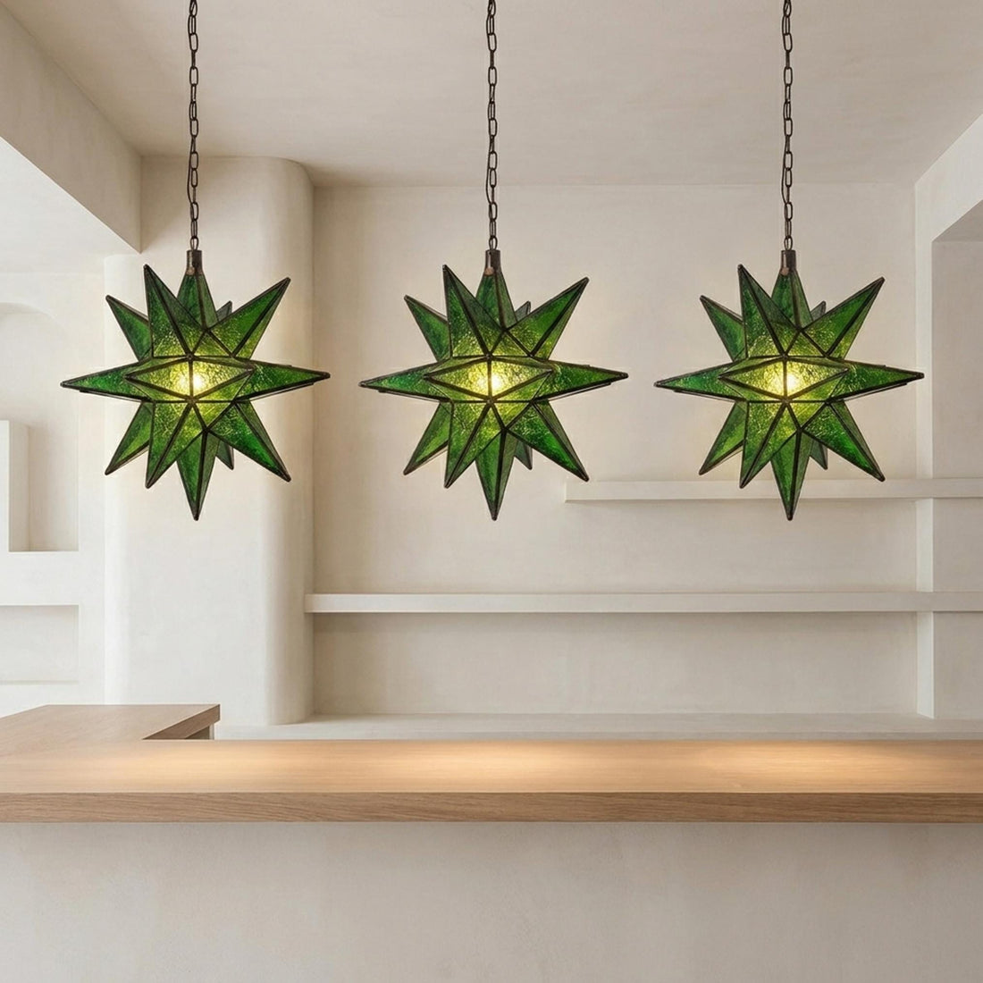 Green Star Pendant Light Geometric Glass Hanging Lantern Metal Frame