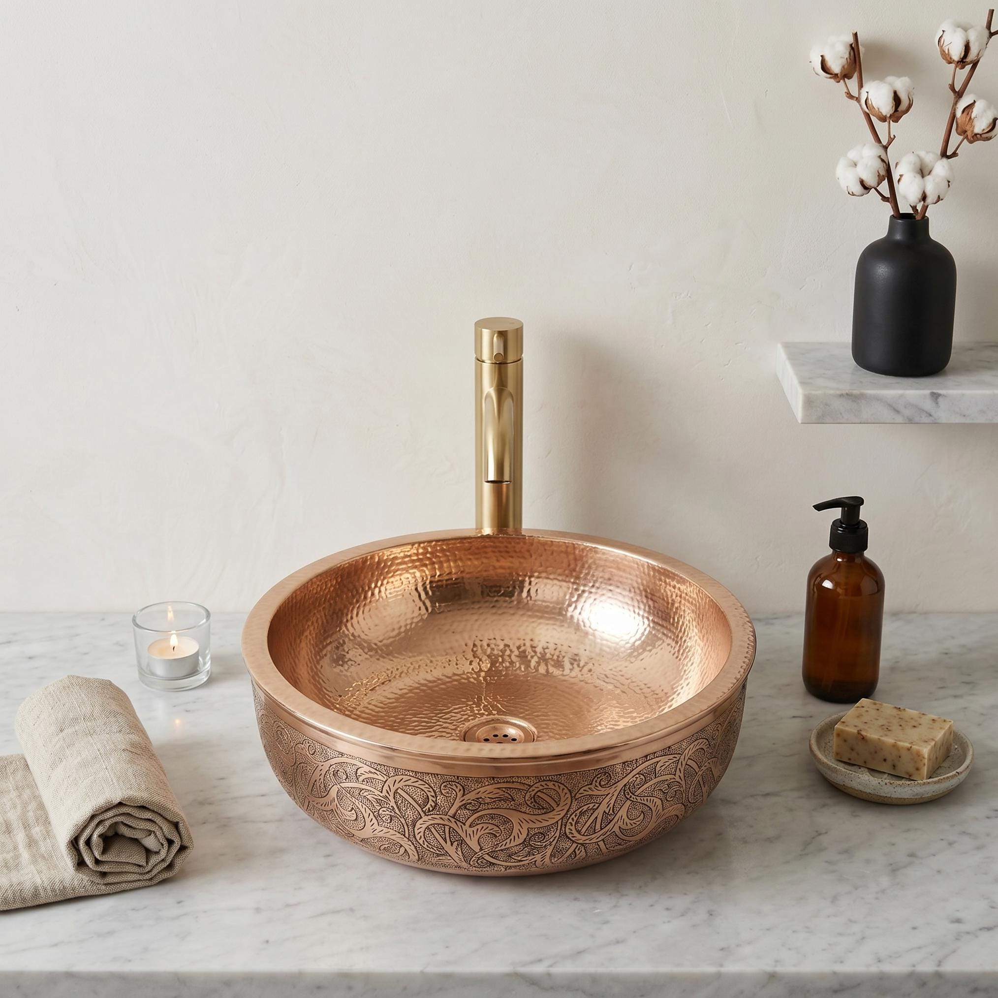 Copper Vessel Sink Engraved Hammered Round Bathroom Basin Handcrafted