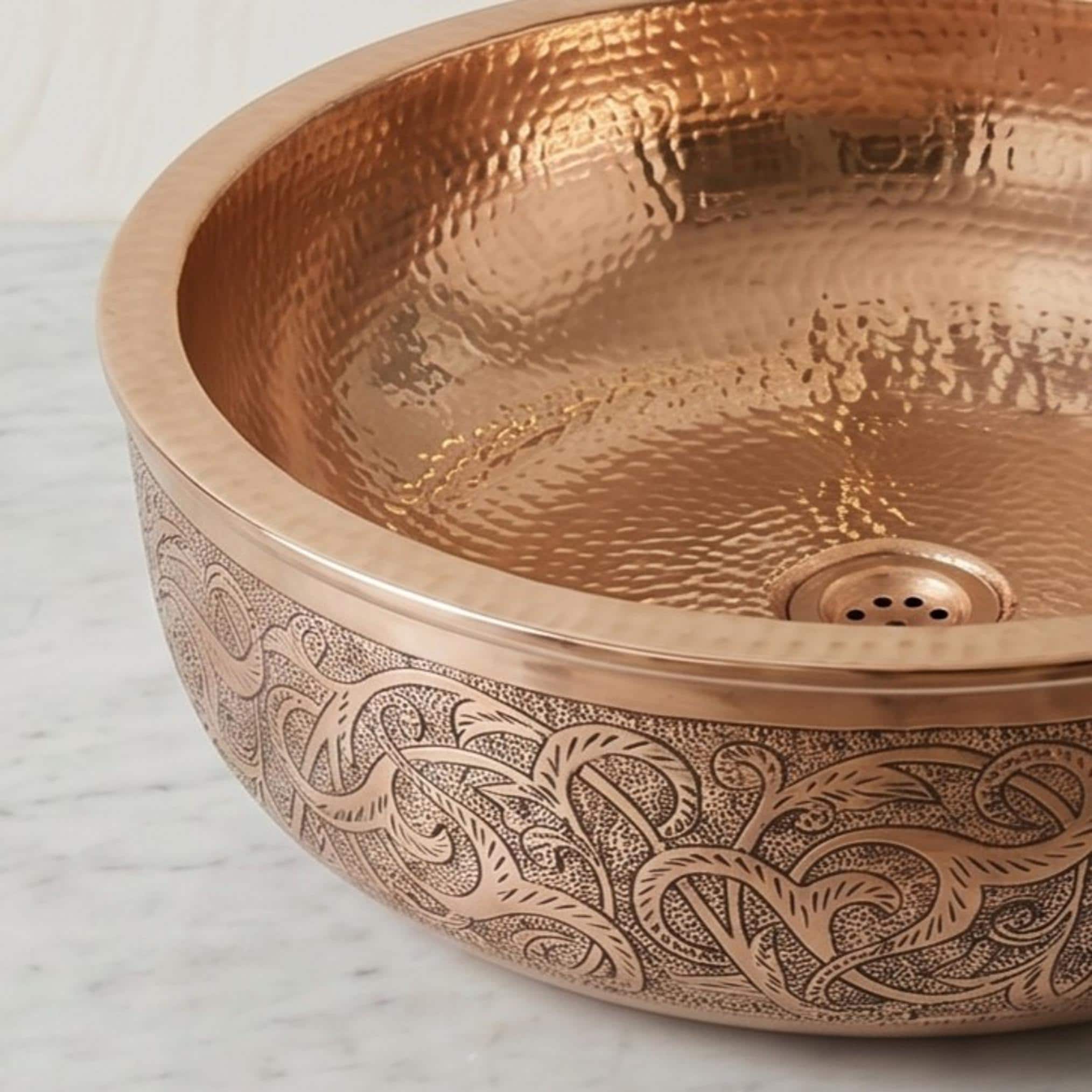 Copper Vessel Sink Engraved Hammered Round Bathroom Basin Handcrafted