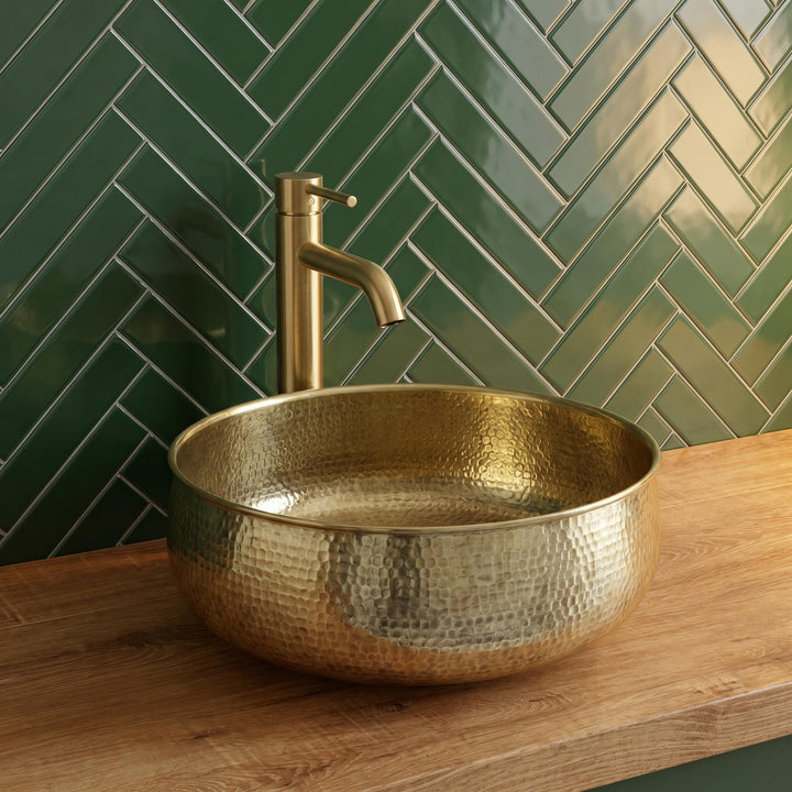 Brass Bathroom Vessel Sink Polished Hammered Round Gold Countertop Basin