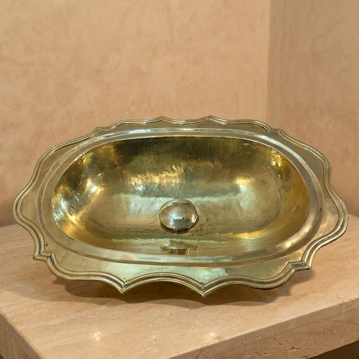 Gold Brass Bathroom Sink – Oval Scalloped Hammered Basin