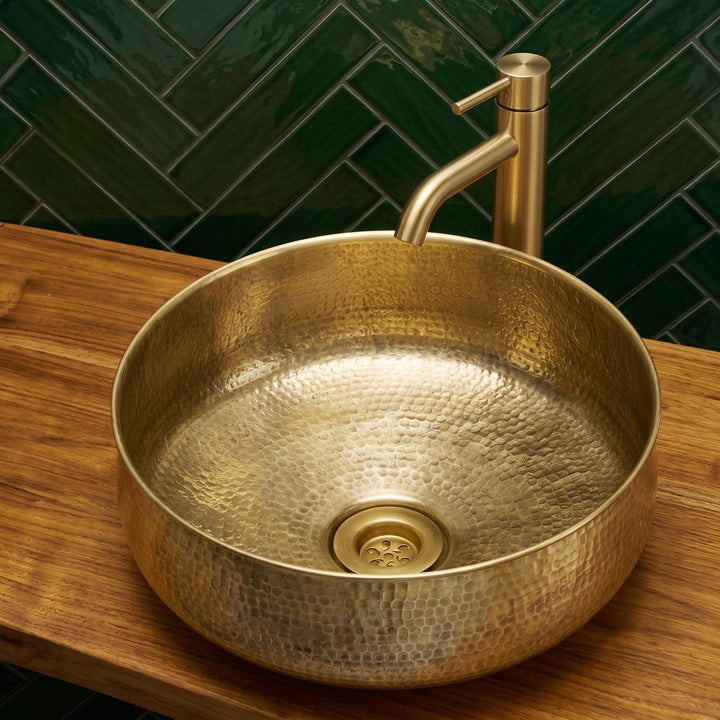 Brass Bathroom Vessel Sink Polished Hammered Round Gold Countertop Basin