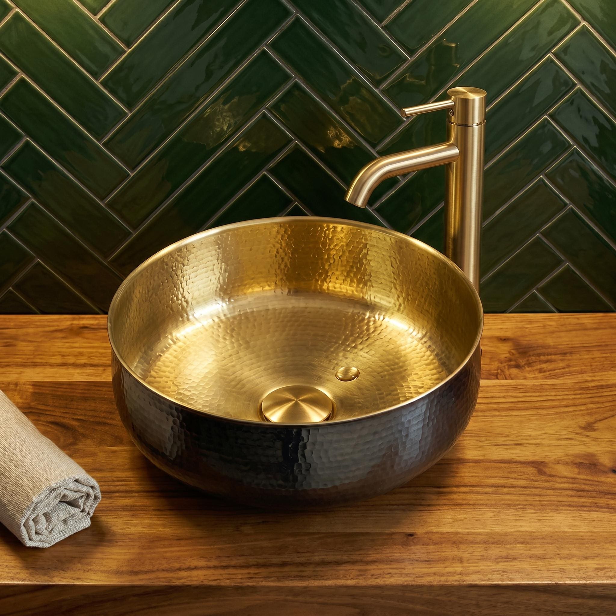 Black Brass Vessel Sink Hammered Two-Tone Round Countertop Basin