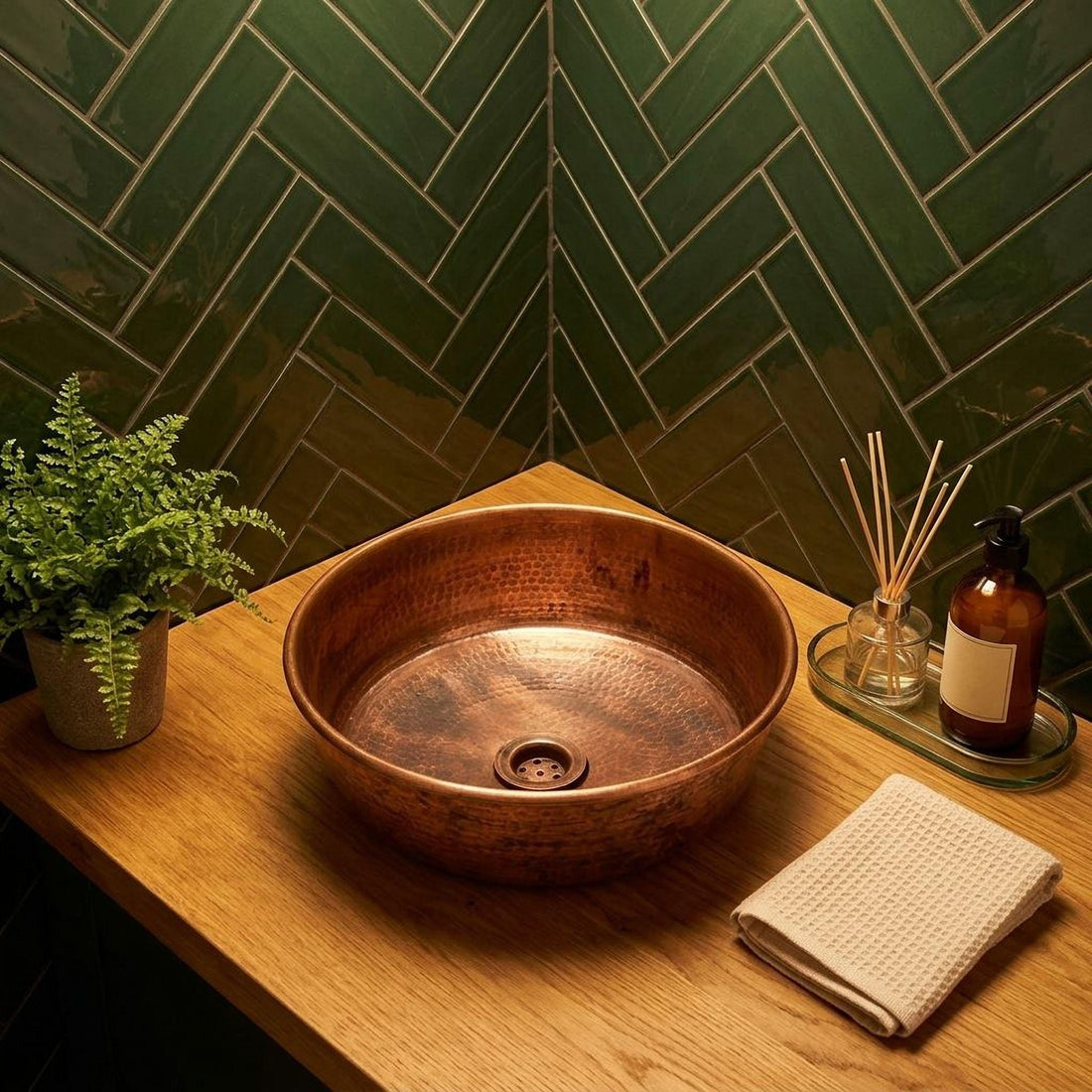 Copper Vessel Sink Hammered Antique Patina Round Countertop Basin