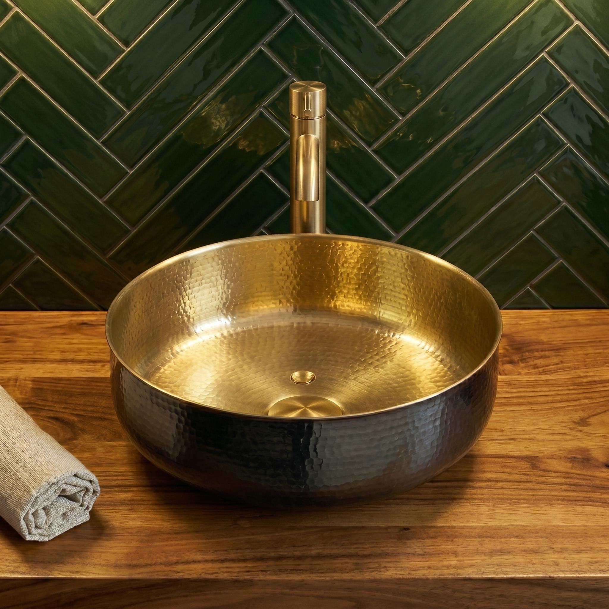 Black Brass Vessel Sink Hammered Two-Tone Round Countertop Basin