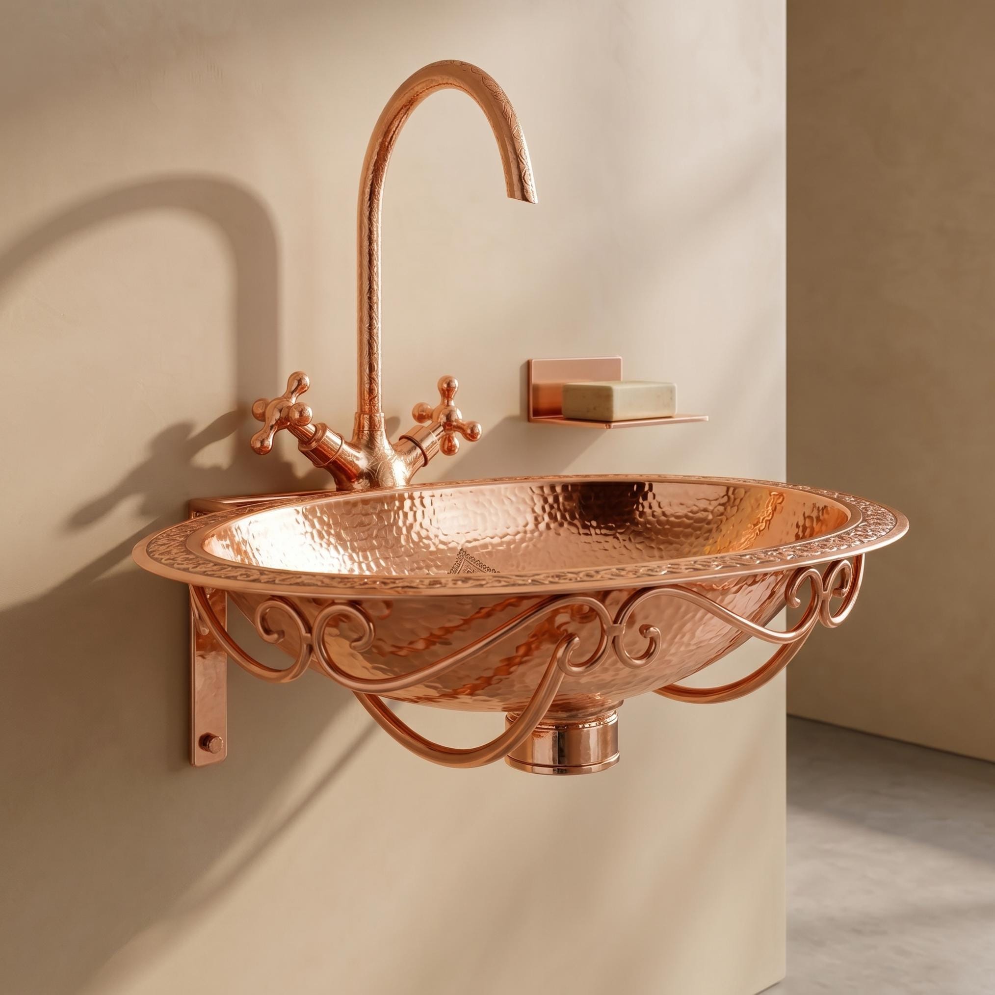 Wall Hung Copper Sink Engraved Oval Hammered Floating Bathroom Basin
