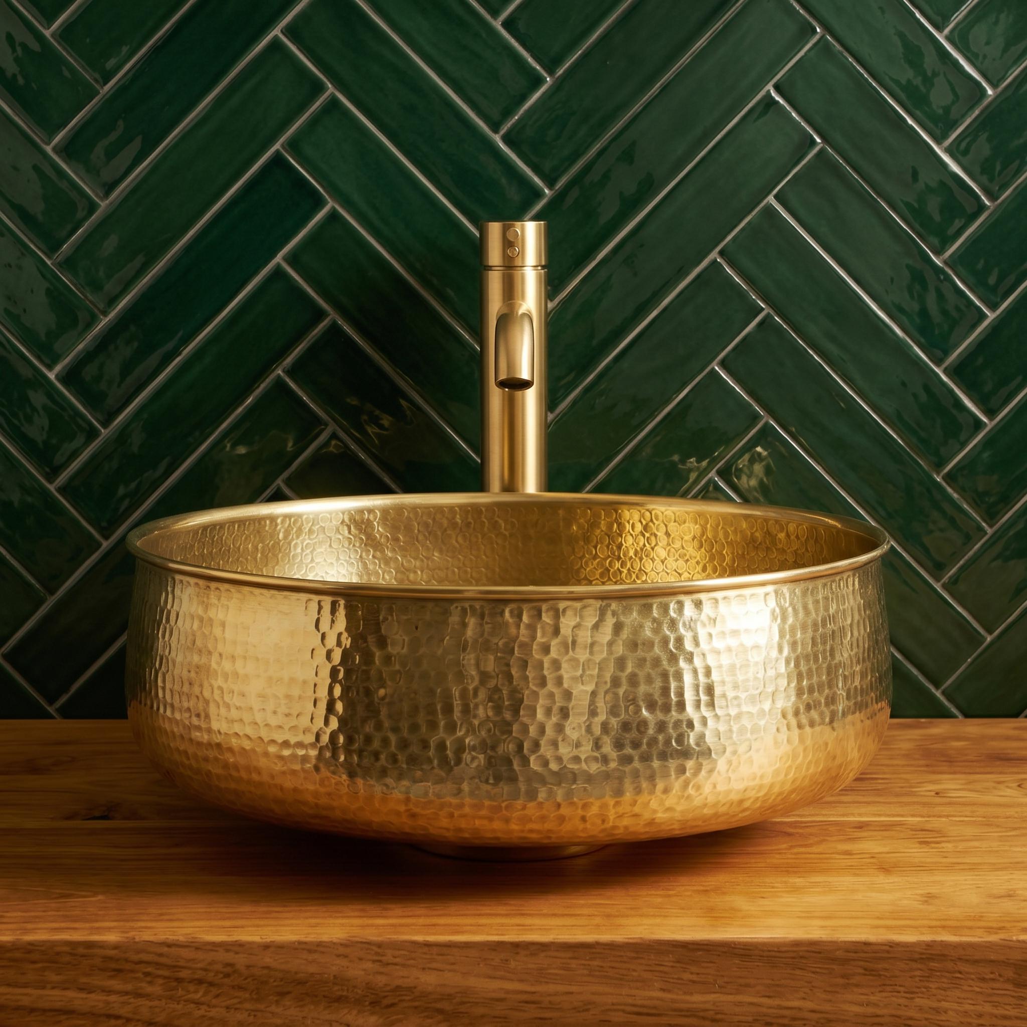 Brass Bathroom Vessel Sink Polished Hammered Round Gold Countertop Basin