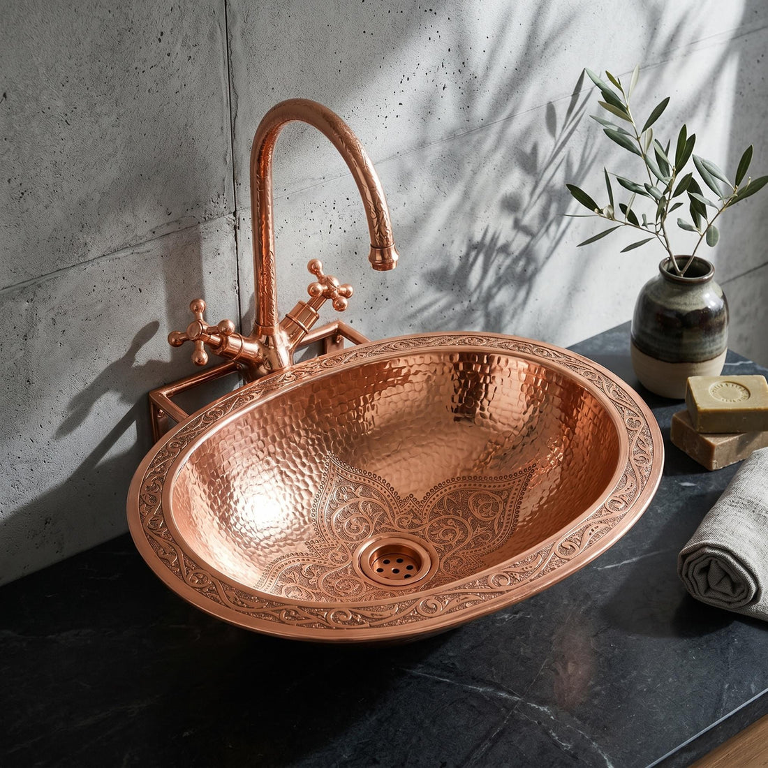 Wall Hung Copper Sink Engraved Oval Hammered Floating Bathroom Basin