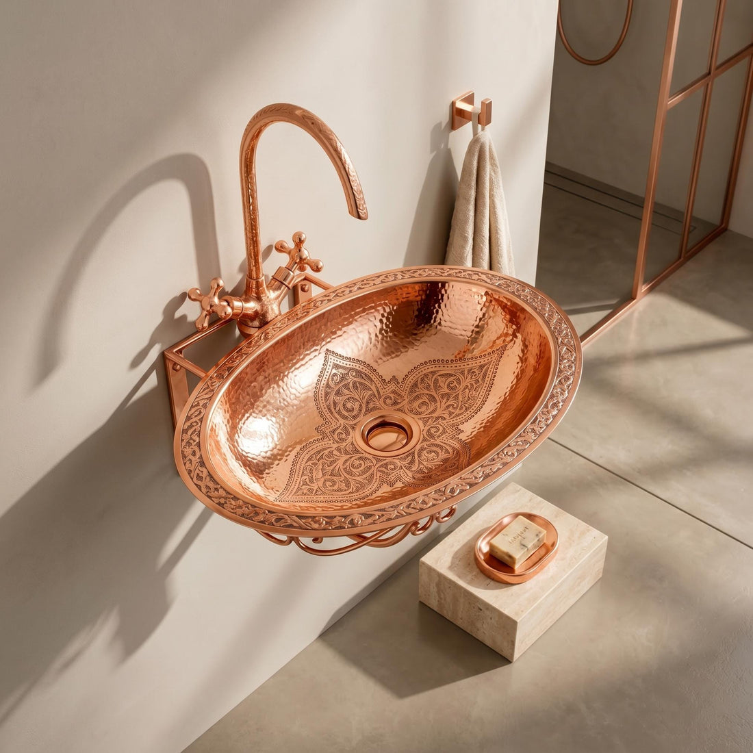 Wall Hung Copper Sink Engraved Oval Hammered Floating Bathroom Basin