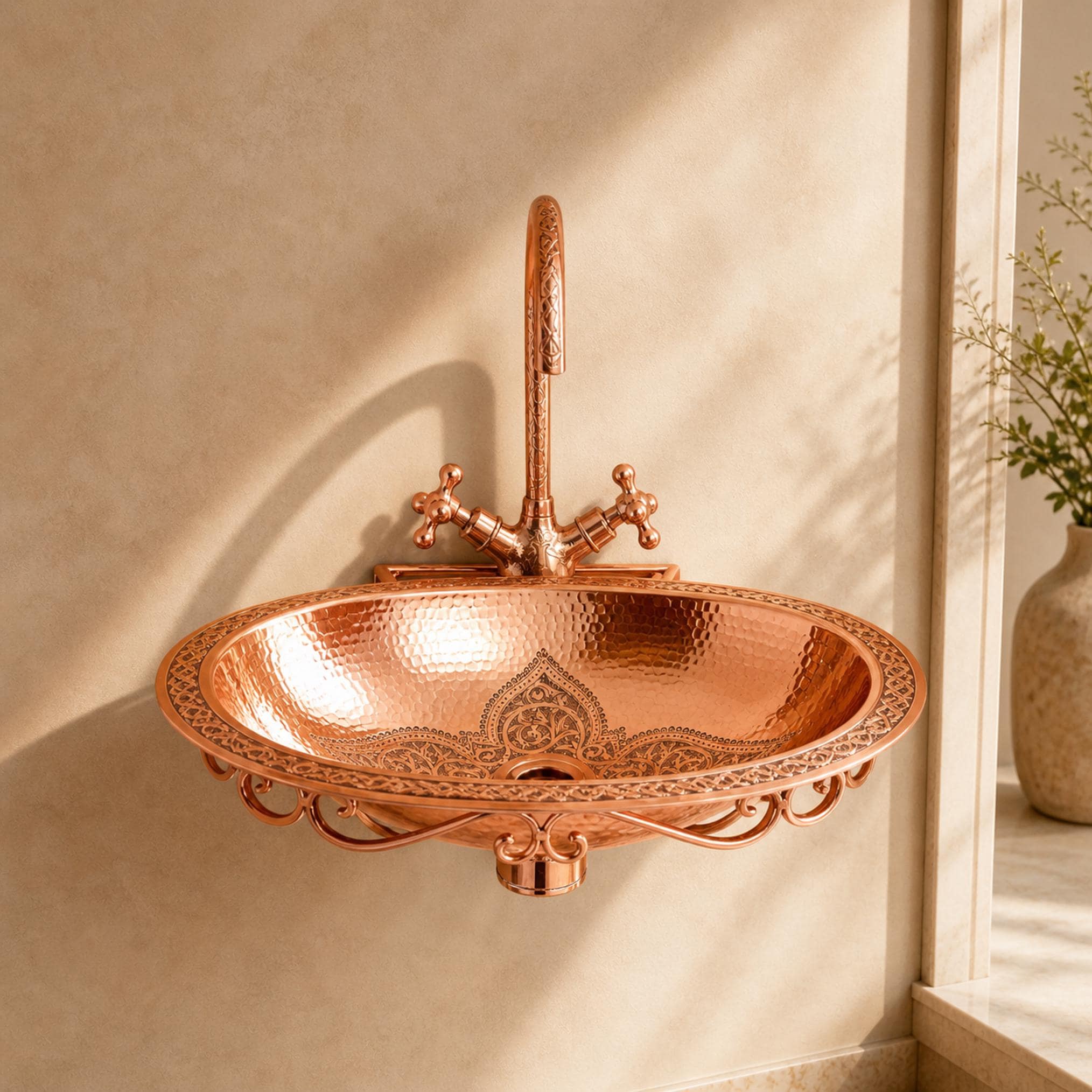 Wall Hung Copper Sink Engraved Oval Hammered Floating Bathroom Basin