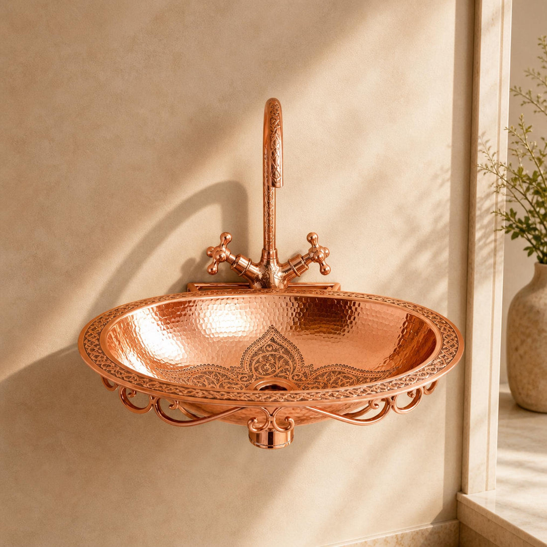 Wall Hung Copper Sink Engraved Oval Hammered Floating Bathroom Basin