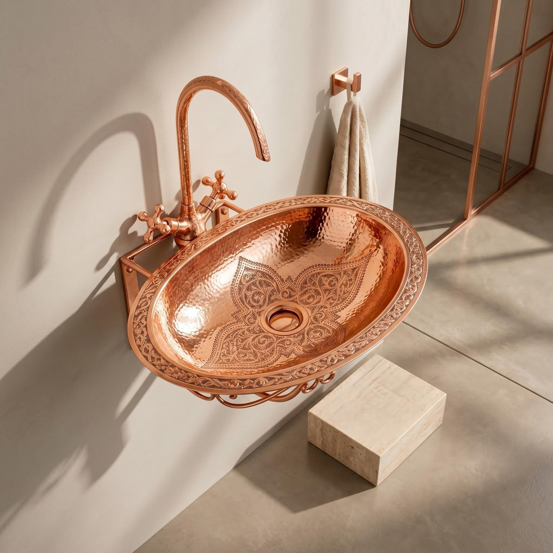 Wall Hung Copper Sink Engraved Oval Hammered Floating Bathroom Basin