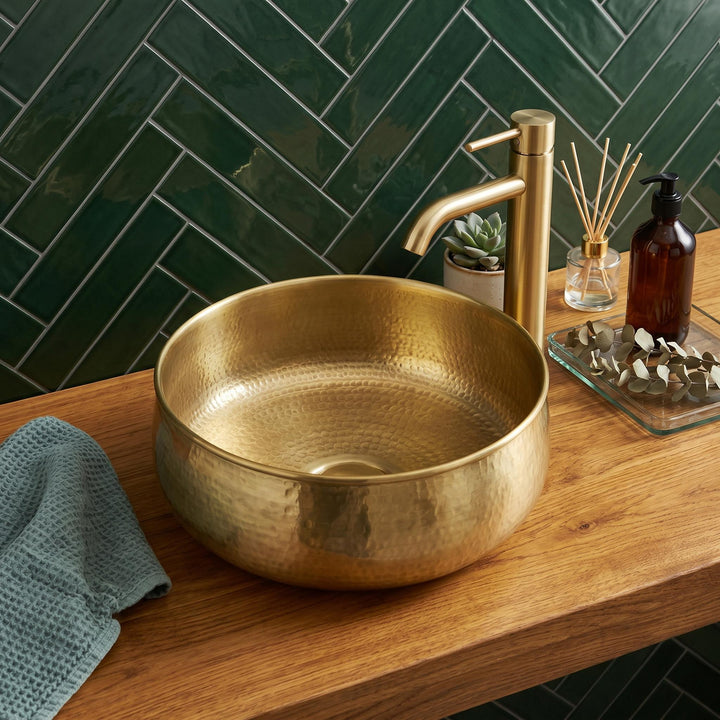 Hammered Brass Sink Round Gold Vessel Basin Handcrafted Countertop