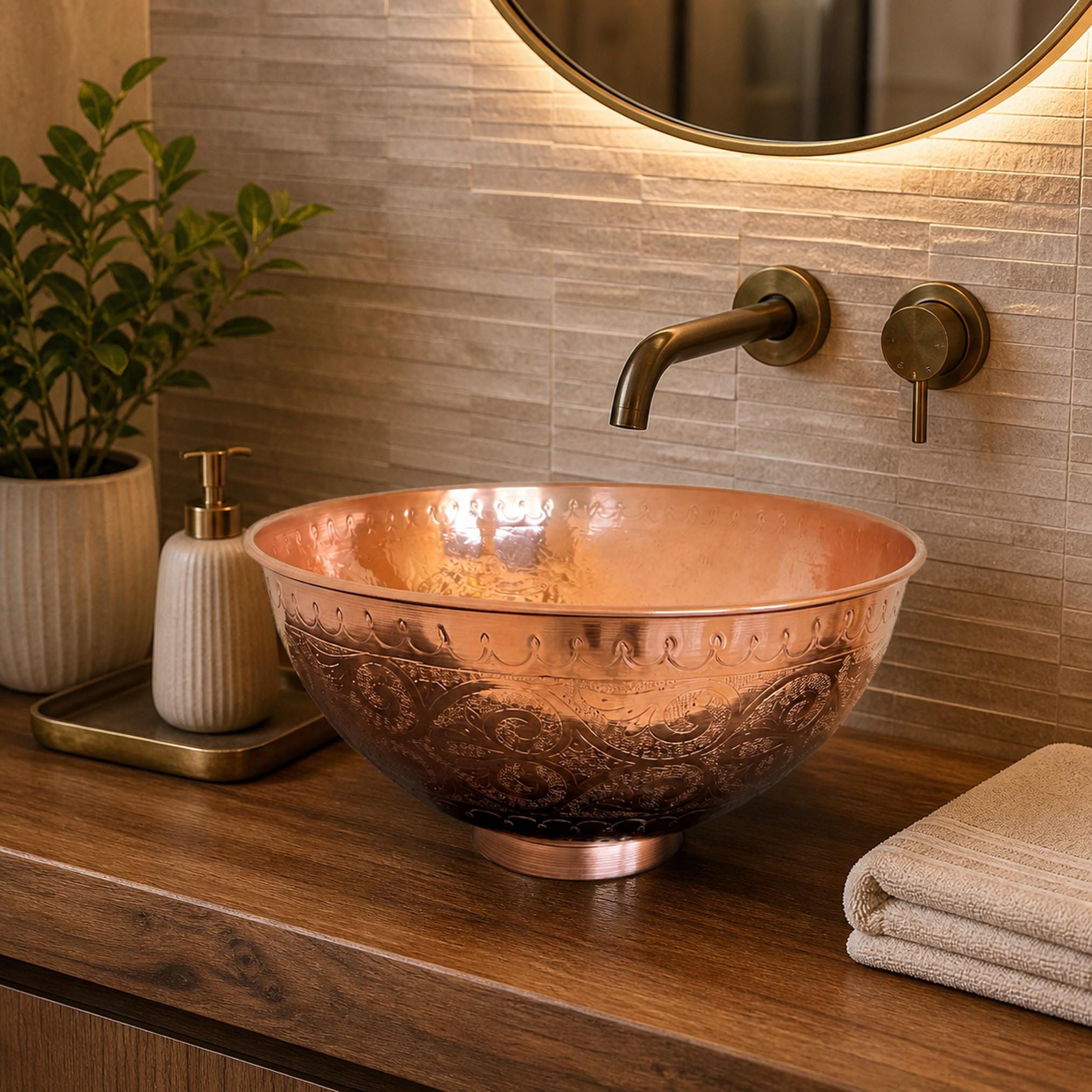 Unlacquered Copper Vessel Sink Engraved Round Hammered Countertop Basin