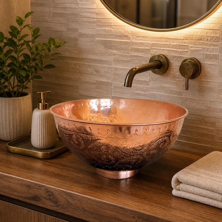 Unlacquered Copper Vessel Sink Engraved Round Hammered Countertop Basin
