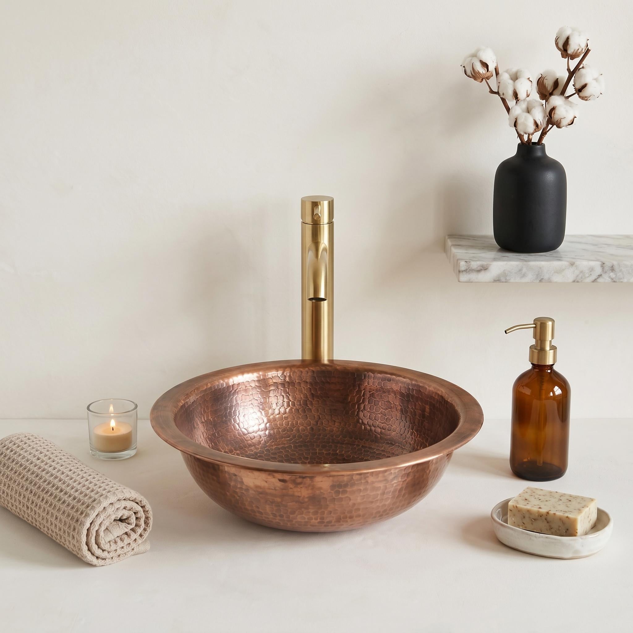 Antique Copper Vessel Sink Hammered Round Countertop Basin Handcrafted
