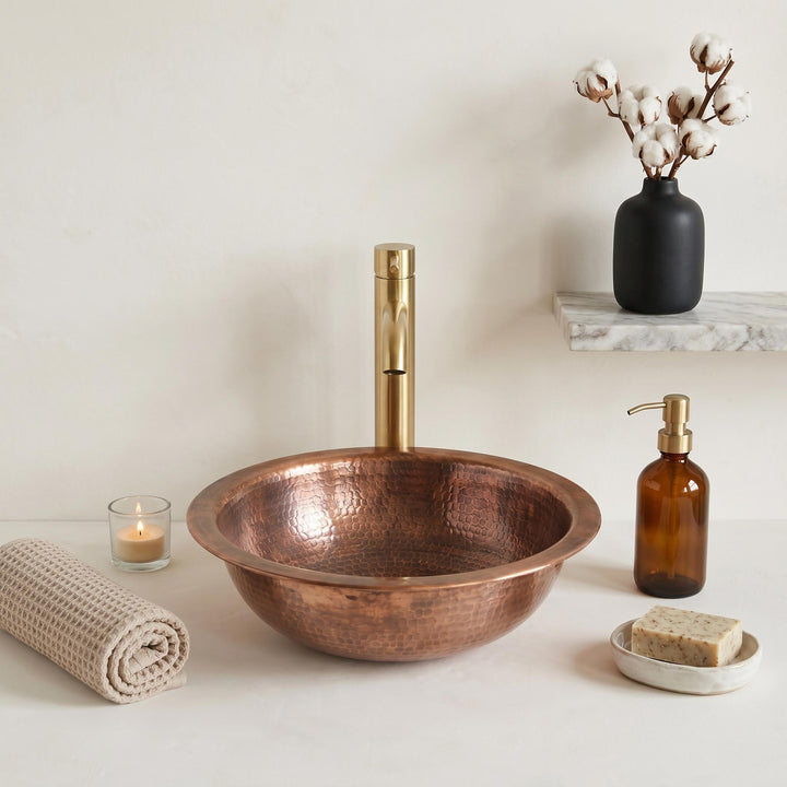 Antique Copper Vessel Sink Hammered Round Countertop Basin Handcrafted