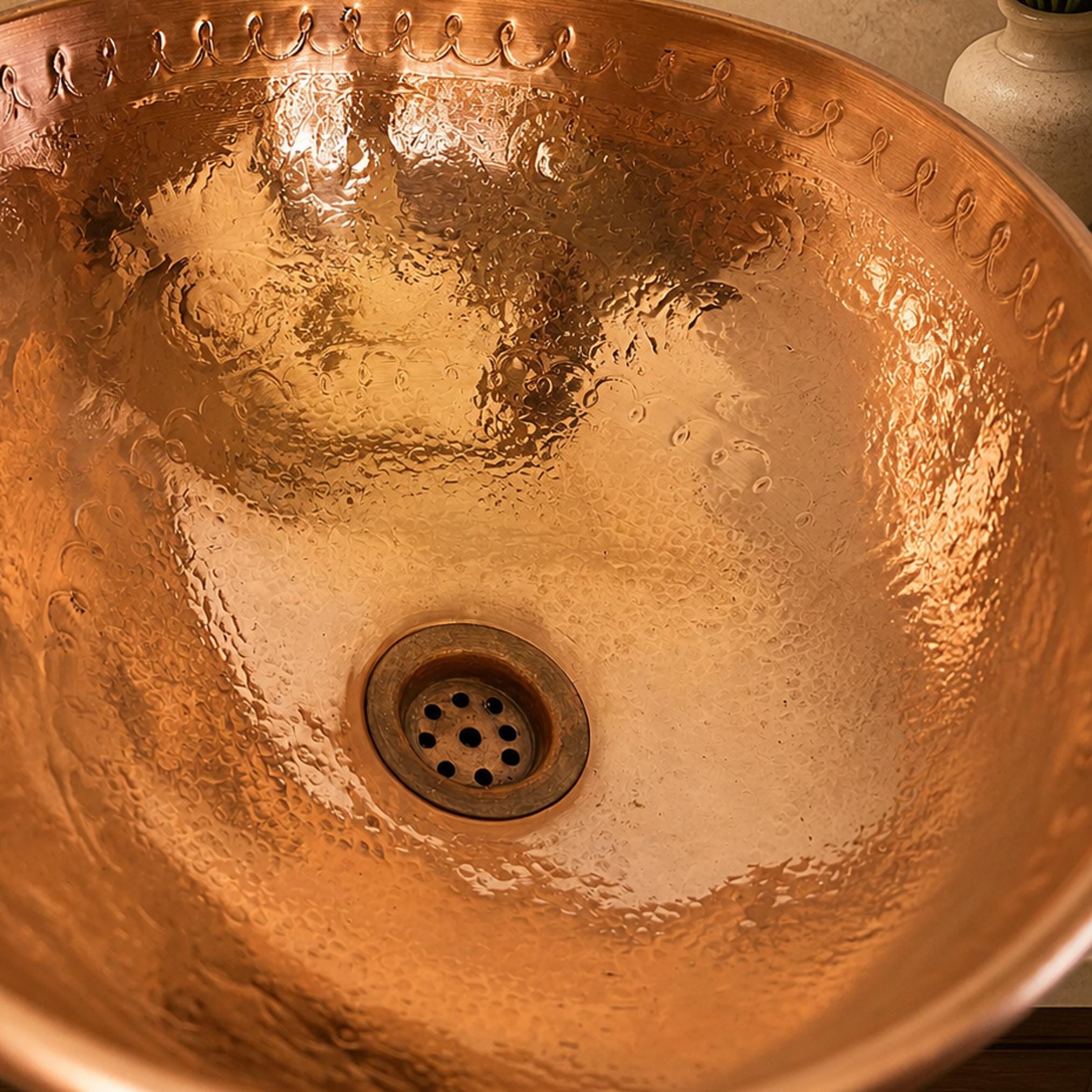 Unlacquered Copper Vessel Sink Engraved Round Hammered Countertop Basin