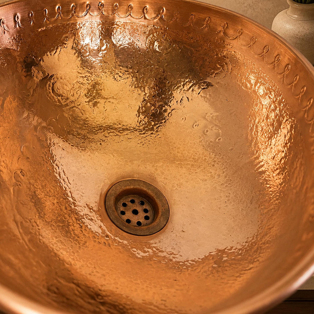 Unlacquered Copper Vessel Sink Engraved Round Hammered Countertop Basin