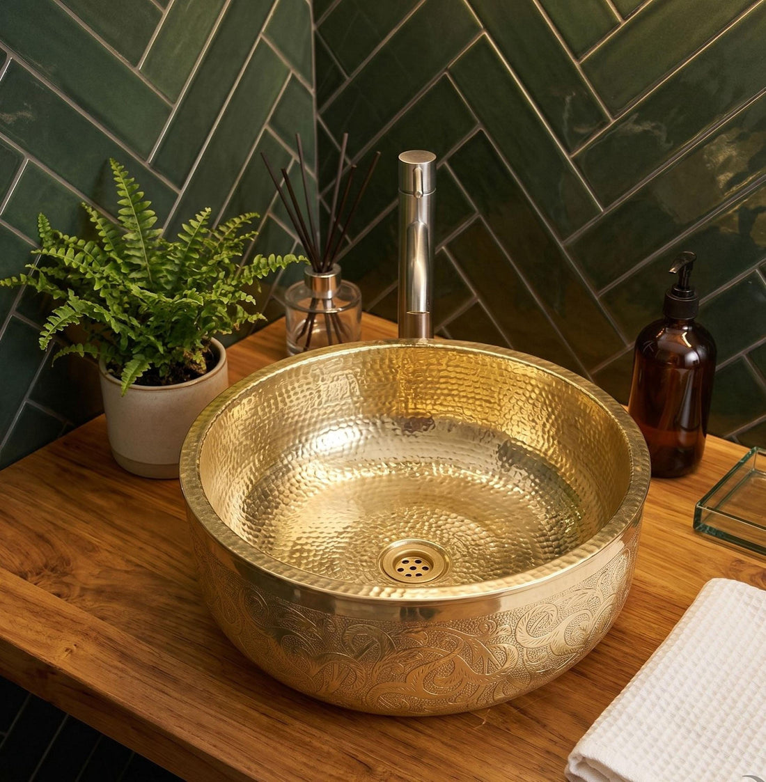 Brass Bathroom Sink Engraved Round Vessel Basin Handcrafted Moroccan Style