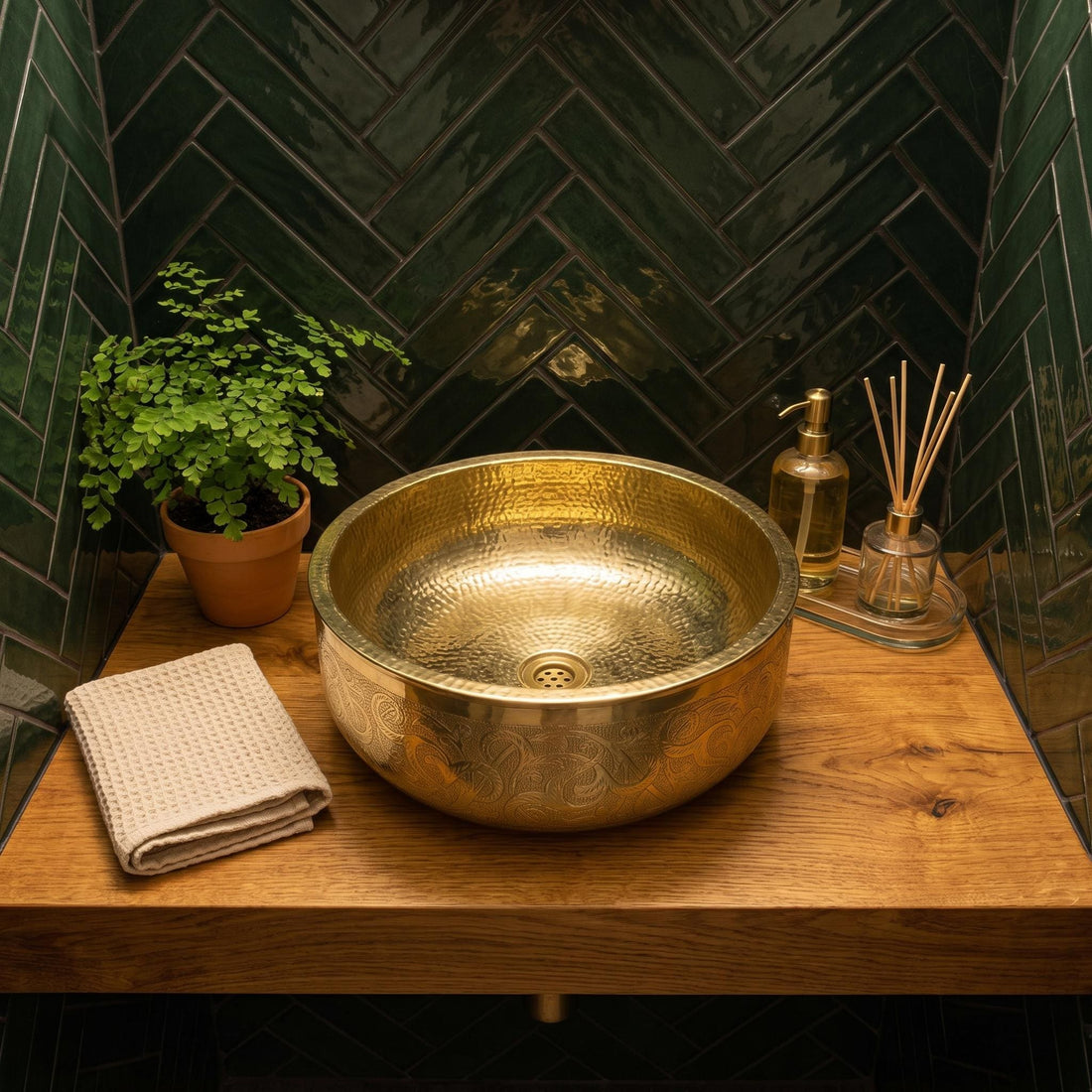 Brass Bathroom Sink Engraved Round Vessel Basin Handcrafted Moroccan Style