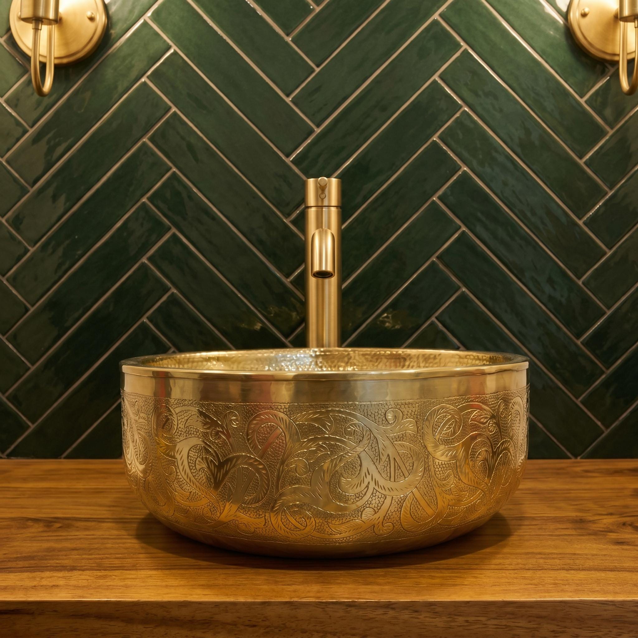 Brass Bathroom Sink Engraved Round Vessel Basin Handcrafted Moroccan Style