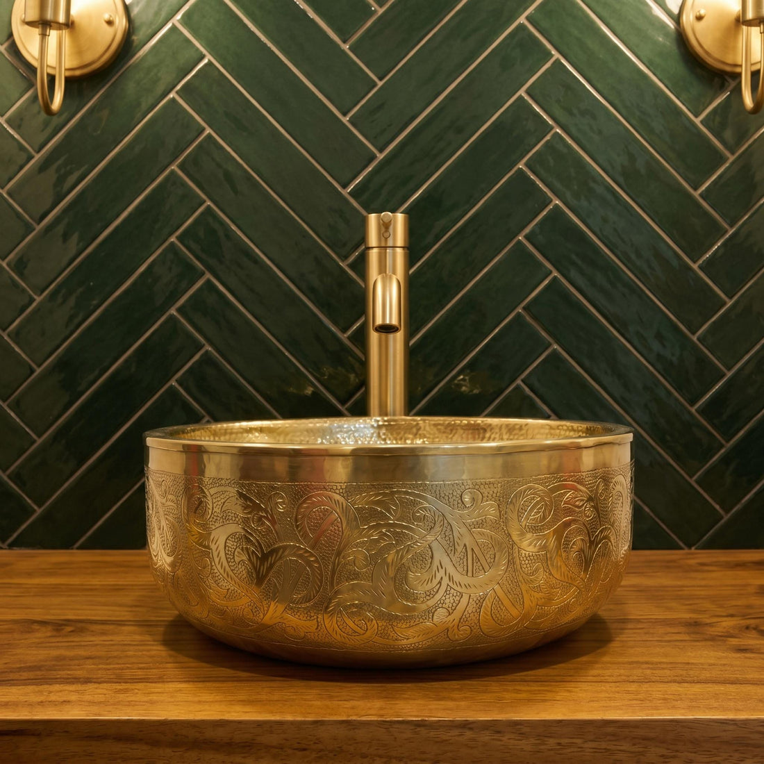 Brass Bathroom Sink Engraved Round Vessel Basin Handcrafted Moroccan Style