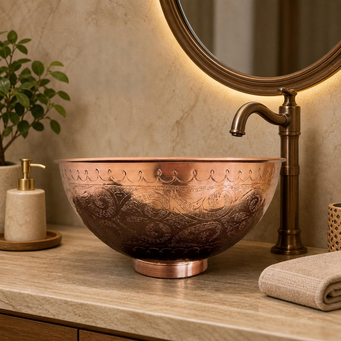 Unlacquered Copper Vessel Sink Engraved Round Hammered Countertop Basin