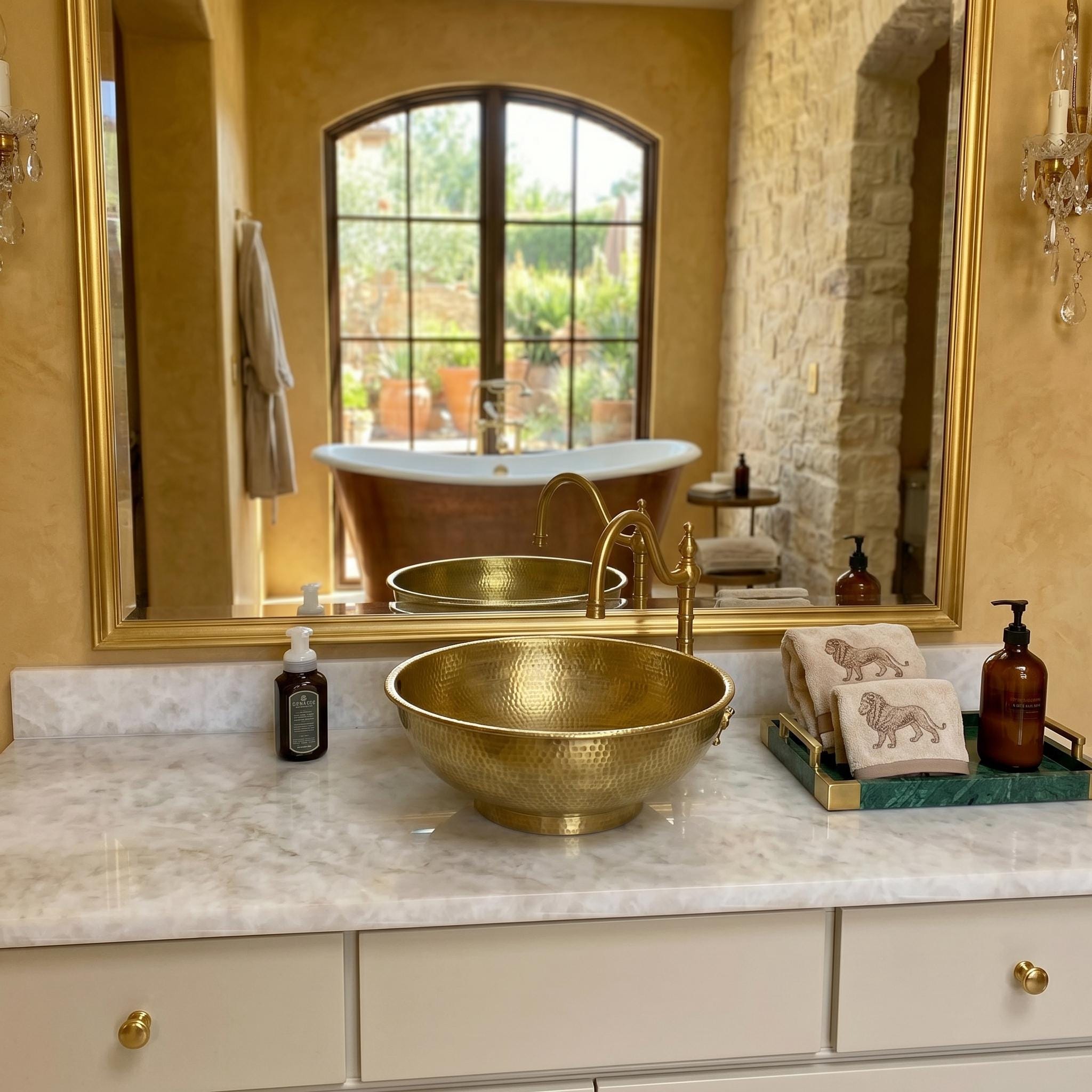 Brass Vessel Sink, Round Hammered Bowl Basin