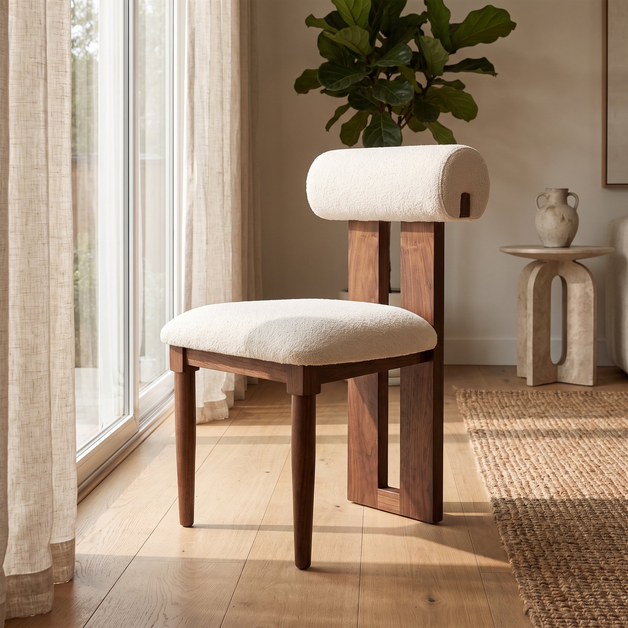 Handcrafted Walnut Cream Boucle Chair