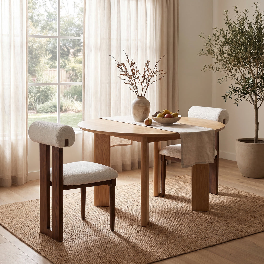 A round light oak dining table with three upholstered wooden chairs in a bright, modern dining room setting with sheer curtains and a potted olive tree.