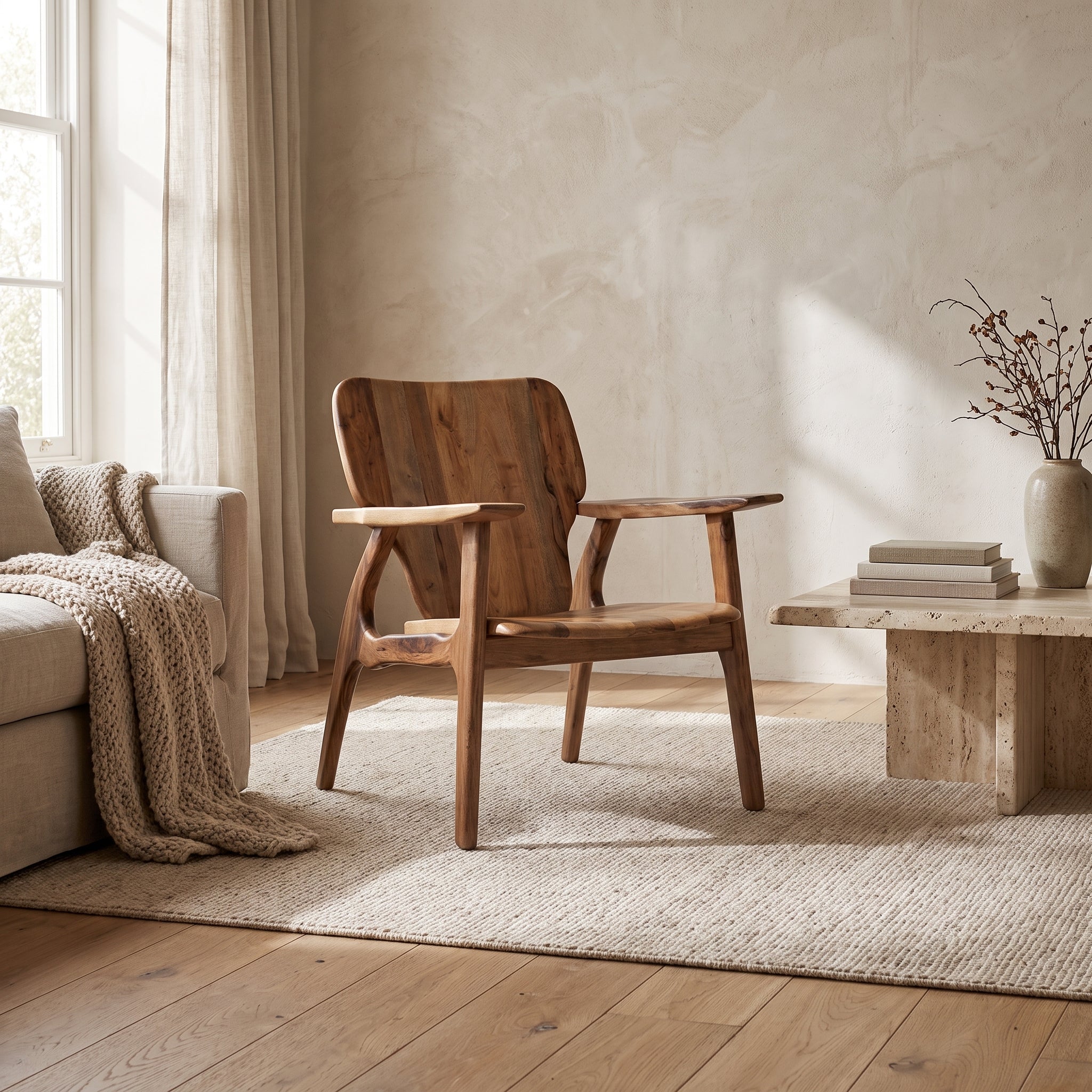 Moroccan Solid Walnut Wood Armchair