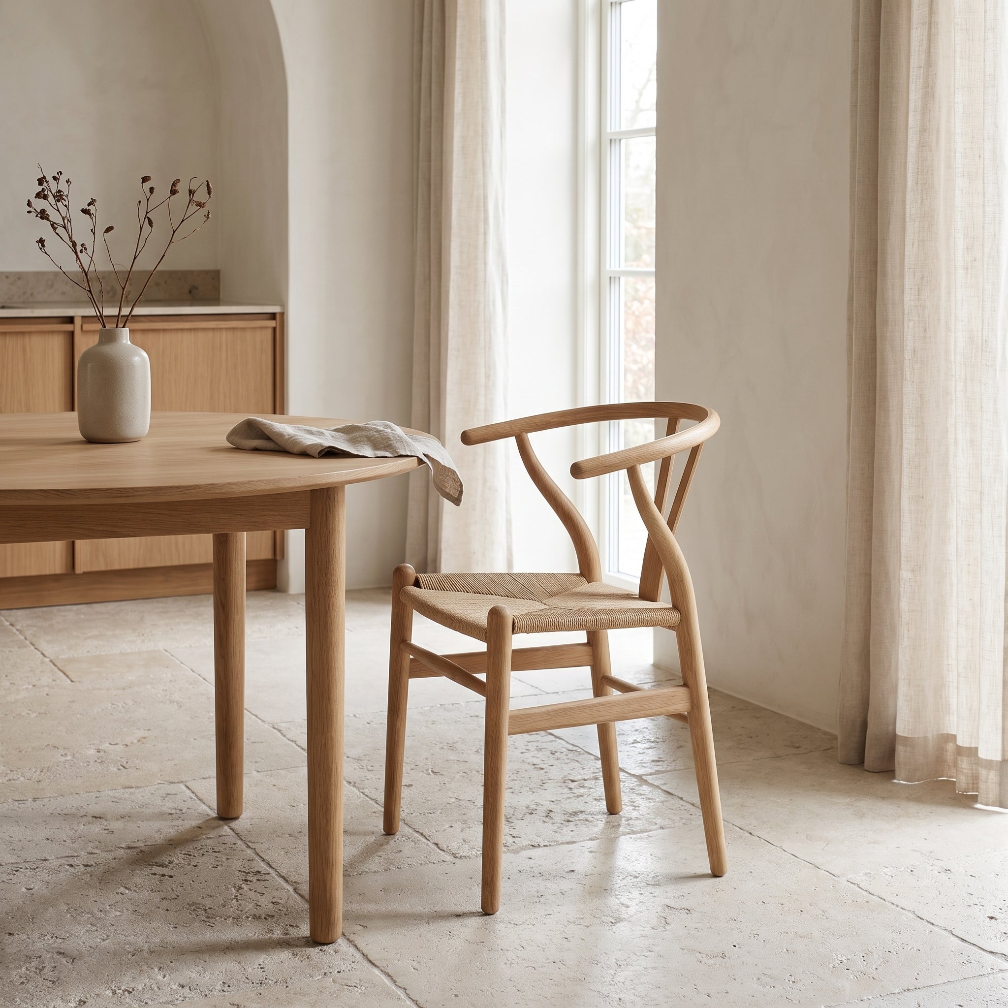A light natural wood dining table and a matching woven-back chair in a bright, minimalist room with beige walls, stone floors, and sheer curtains.