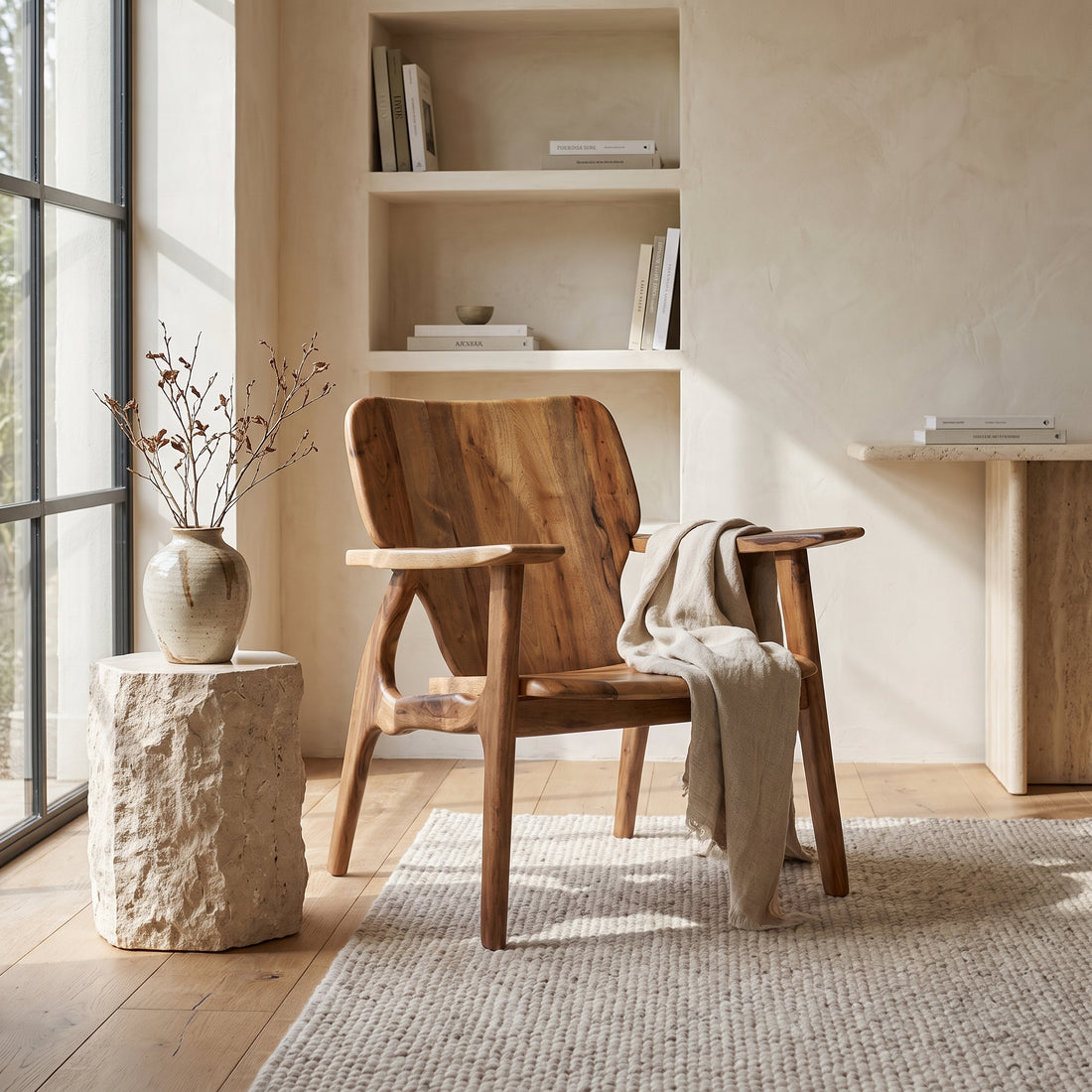 Handcrafted Moroccan Solid Walnut Wood Armchair