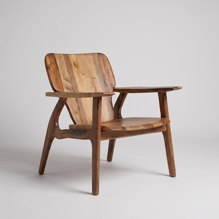 A mid-century modern wooden armchair with a curved backrest, armrests, and tapered legs, shown on a light gray studio background.