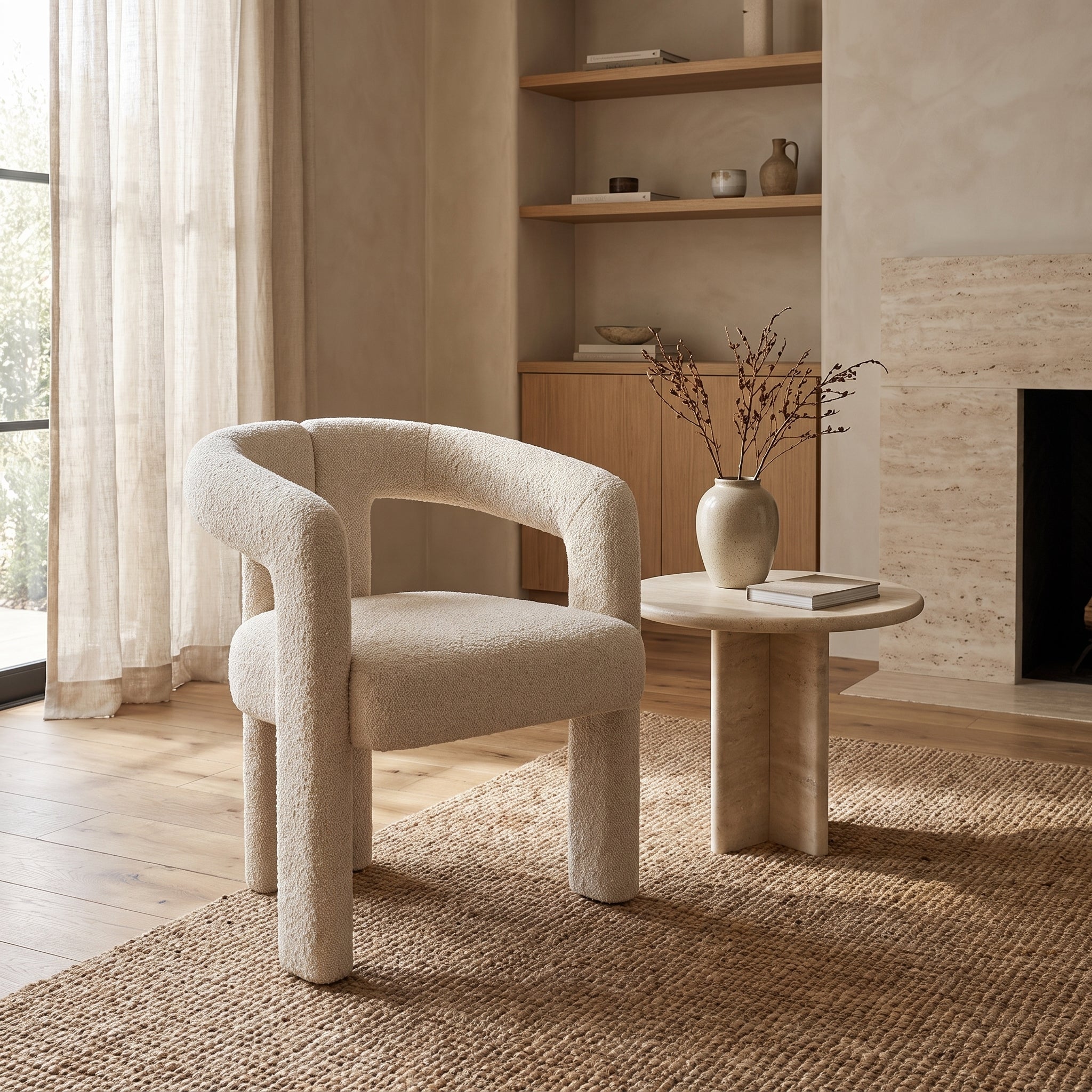 A modern upholstered accent chair in a textured cream bouclé fabric, styled in a warm, minimalist living room next to a matching round side table.