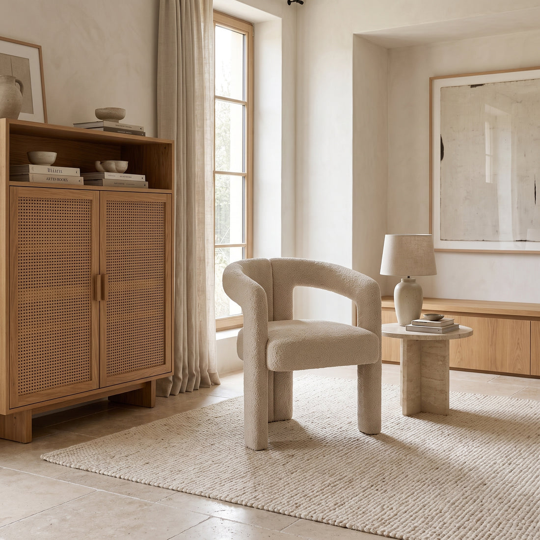 Handcrafted Moroccan Cream Boucle Sculptural Armchair