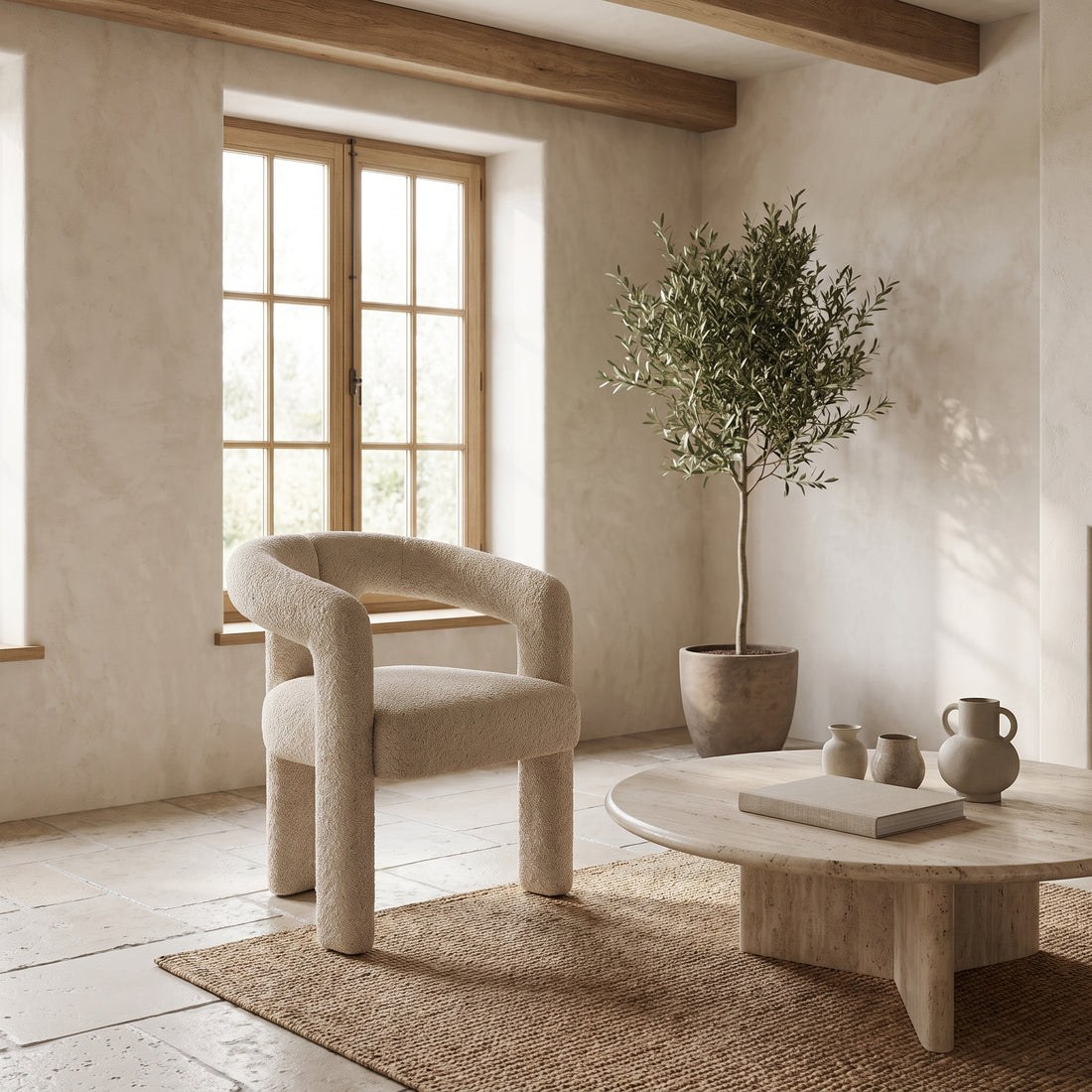 Handcrafted Moroccan Cream Boucle Sculptural Armchair
