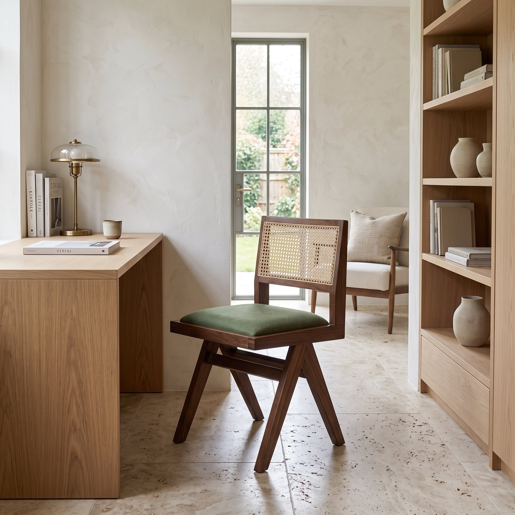 A mid-century modern wooden chair with a green cushioned seat and cane back, positioned in a bright, minimalist home office with a wooden desk, shelving, and a window.