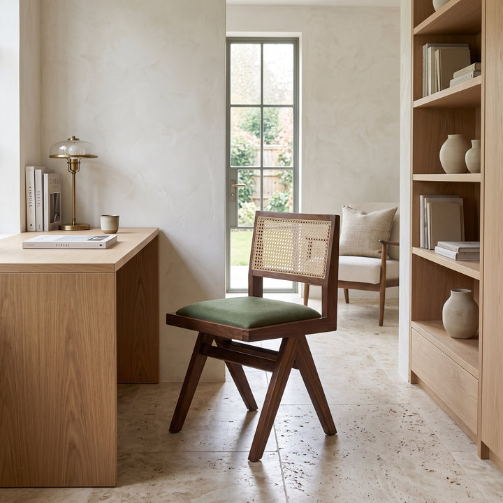 A mid-century modern wooden chair with a green cushioned seat and cane back, positioned in a bright, minimalist home office with a wooden desk, shelving, and a window.