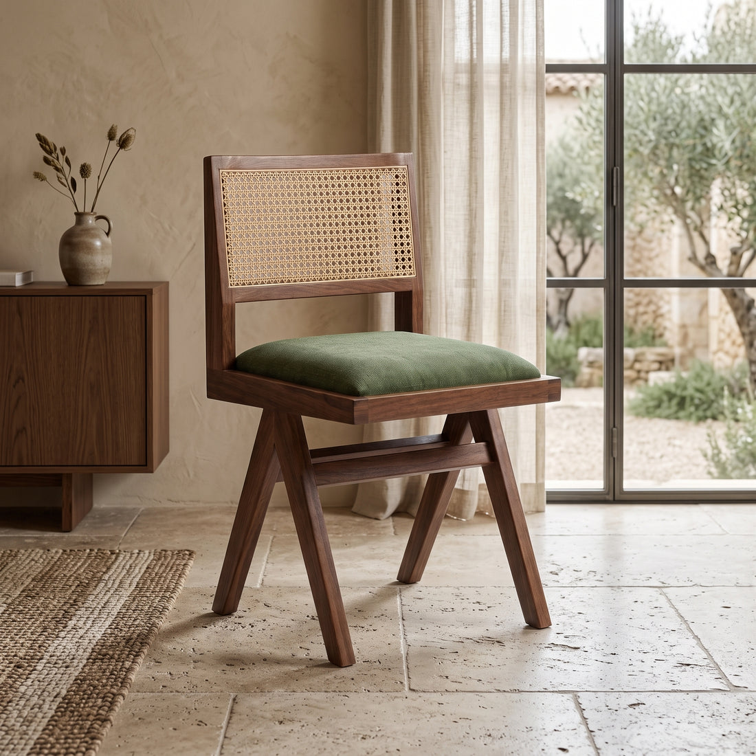 Moroccan Walnut Cane Olive Green Chair