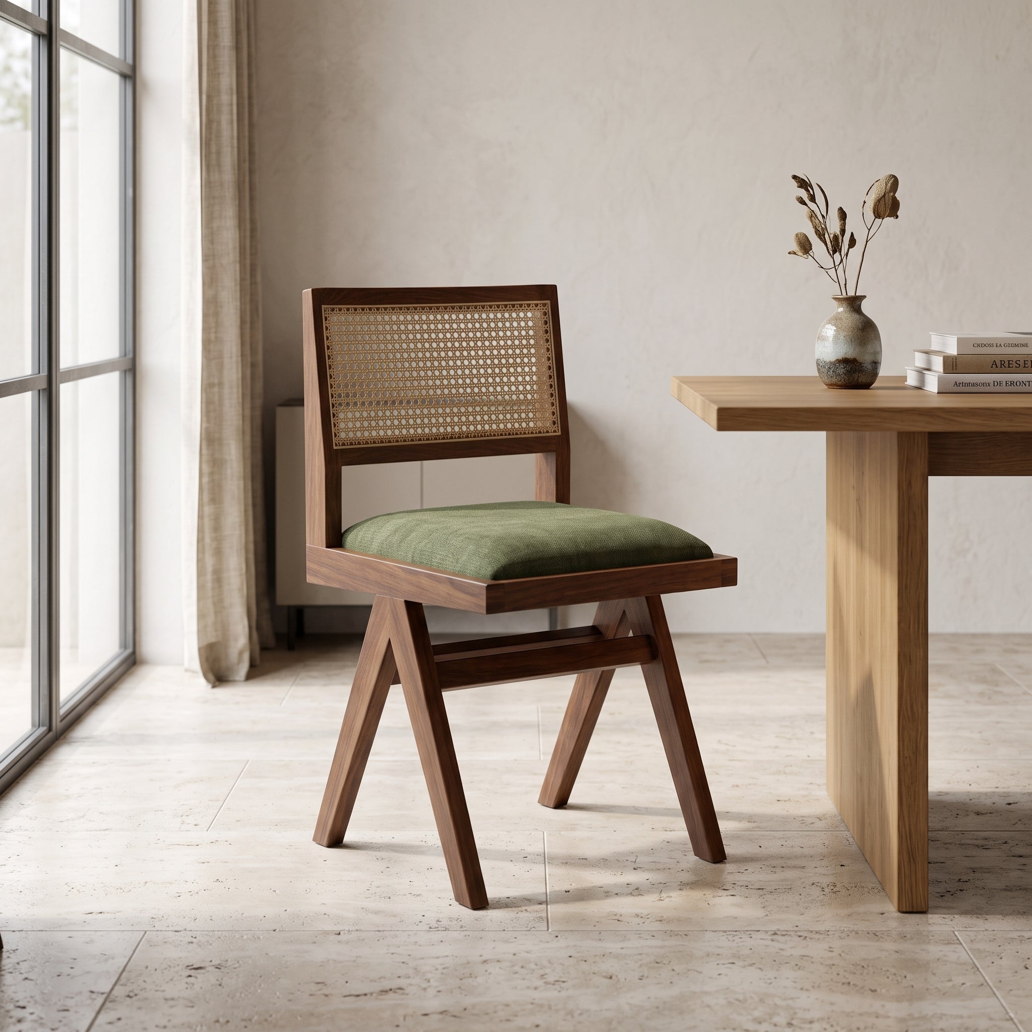  Walnut Cane Olive Green Chair